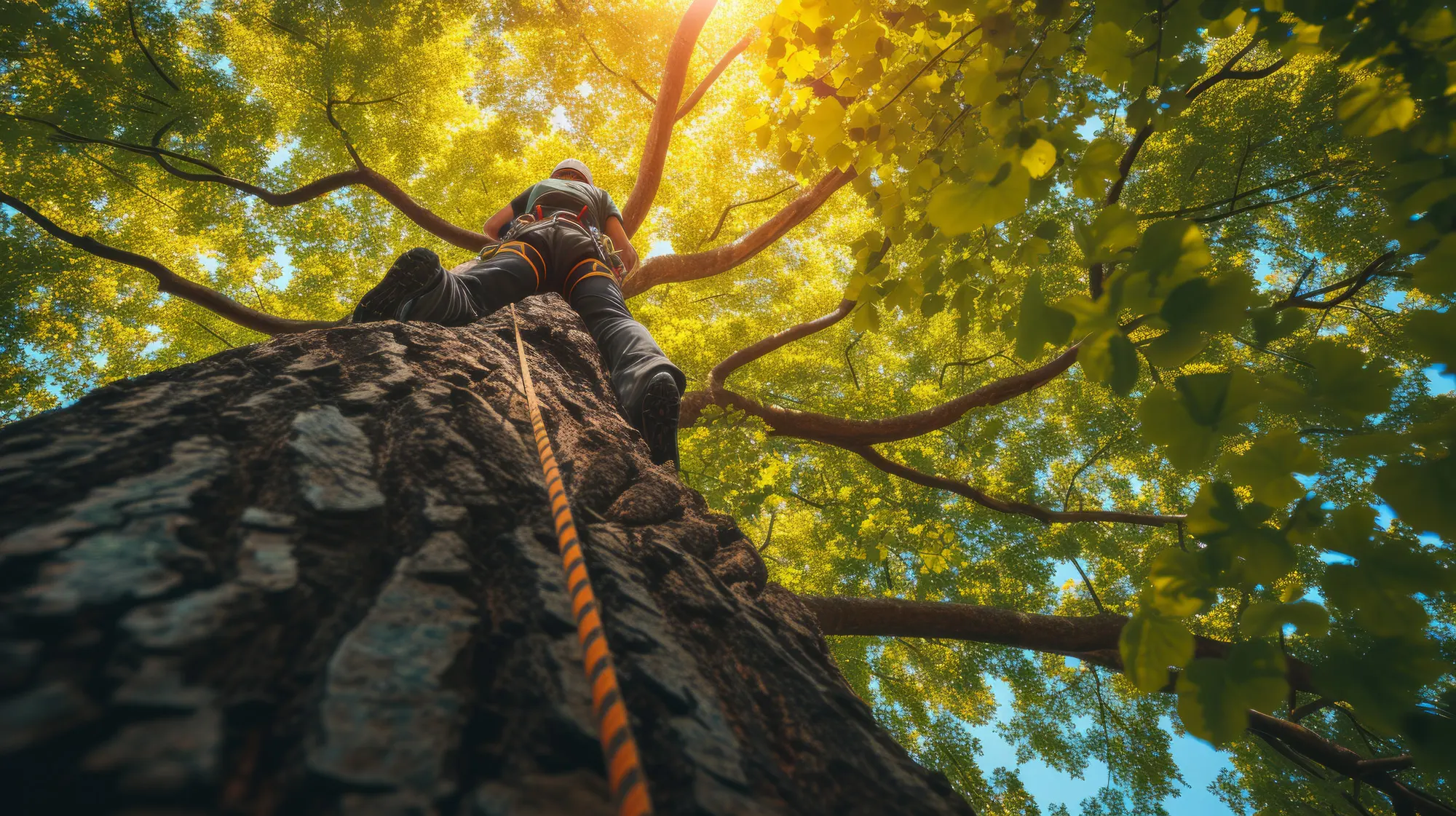Tree worker climbing tree trunk
